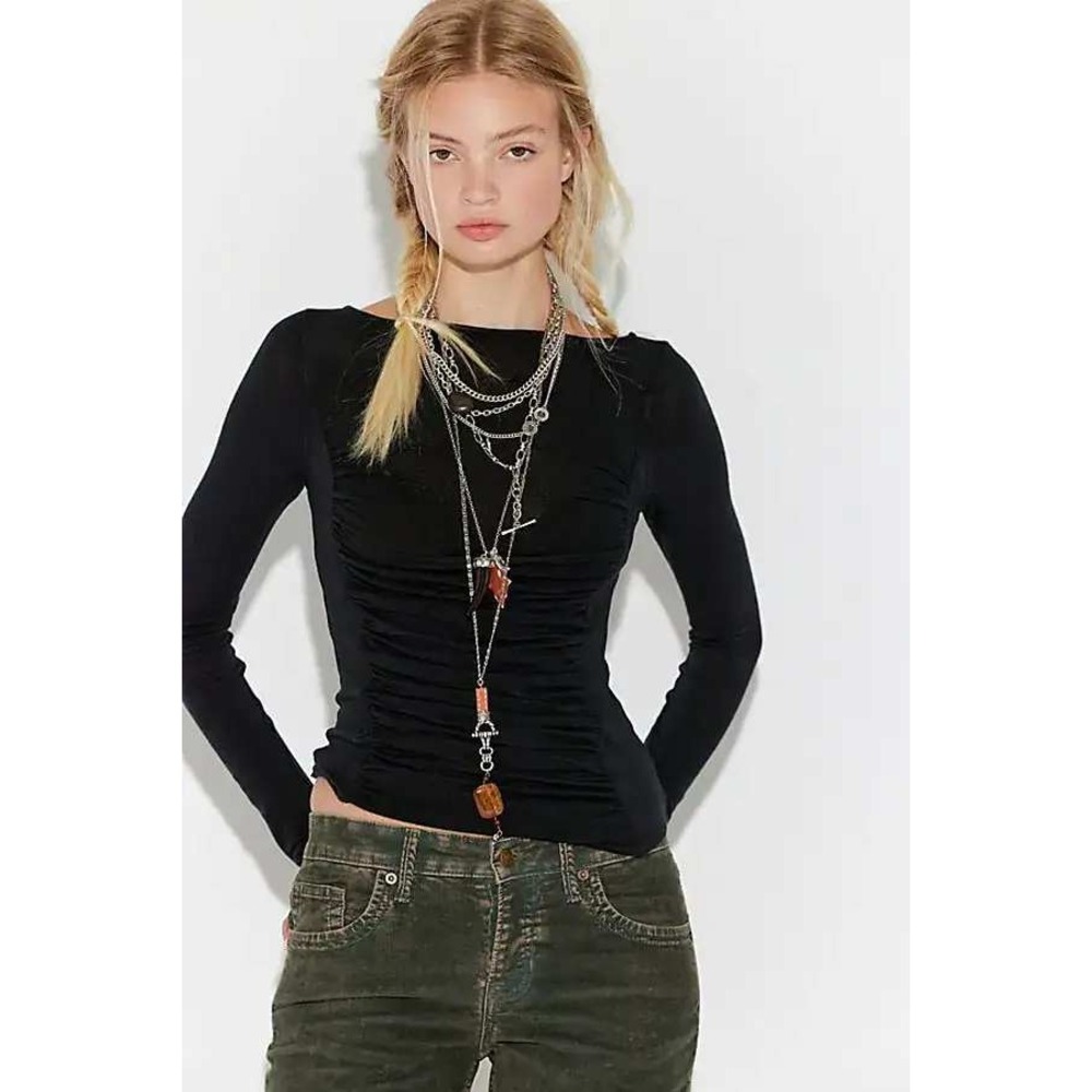 Free People We The Free Peppermint Boatneck‎ Top Black XS Ruched Fitted Tee